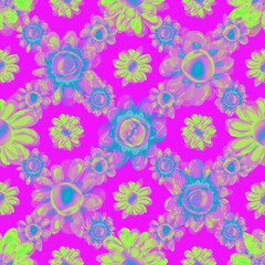 Fototapeta na wymiar Seamless pattern. Folk colorful flowers on a pink background. 