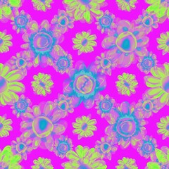 Seamless pattern. Folk colorful  flowers  on a pink background. 