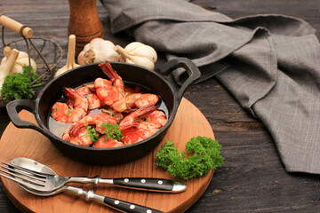 Gambas al Ajillo,  Spanish Style Tapas Pinchos Shrimp with Garlic Oil and Chilli