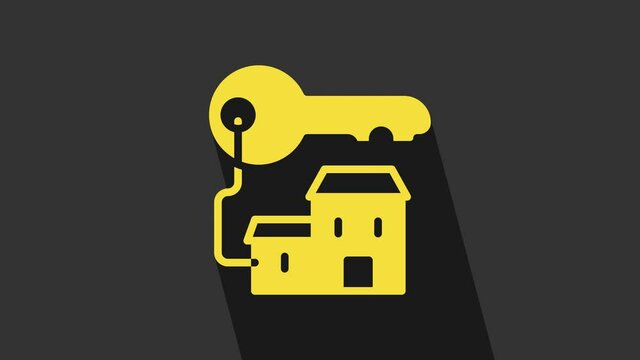 Yellow Winning house with key icon isolated on grey background. 4K Video motion graphic animation