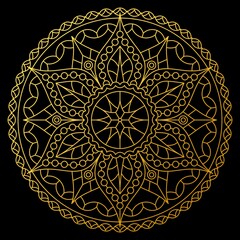 Round golden gradient mandala with plant ornament, isolated on black background. Vector design.