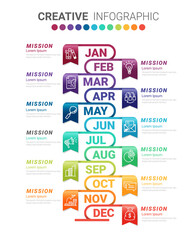 Timeline presentation for 12 months, 1 year, Timeline infographics design vector and Presentation business can be used for Business concept with 12 options, steps or processes. 