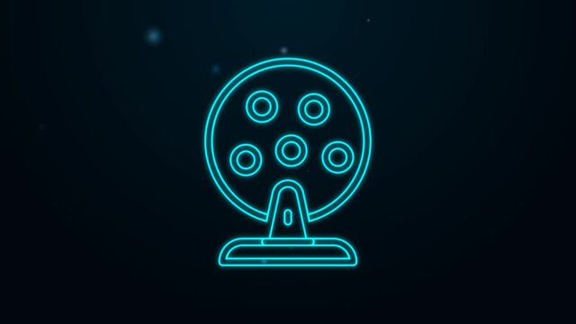 Glowing neon line Lottery machine with lottery balls inside icon isolated on black background. Lotto bingo game of luck concept. Wheel drum leisure. 4K Video motion graphic animation