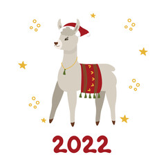 Christmas and New Year's card with a gray llama in a red cap, 2022. Vector clipart, isolated illustration