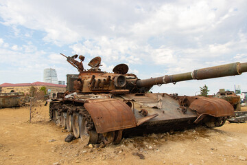 Destroyed Armenian tank during Karabakh war. Military Trophies Park. Baku, Azerbaijan.