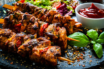 Skewers - grilled meat with fresh vegetables on wooden background

