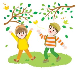 ハイキングをする子供たちのイラスト