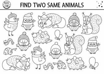Find two same animals. Thanksgiving black and white matching activity for children. Funny line autumn quiz worksheet for kids for attention skills. Simple fall printable game or coloring page.
