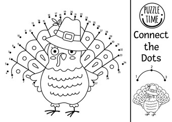 Vector dot-to-dot and color activity with cute turkey. Thanksgiving connect the dots game for children with funny bird. Woodland coloring page for kids. Autumn holiday printable worksheet.