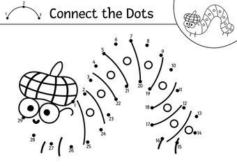 Vector dot-to-dot and color activity with cute caterpillar. Forest connect the dots game for children with funny insect in checked hat. Woodland coloring page for kids. Autumn holiday worksheet