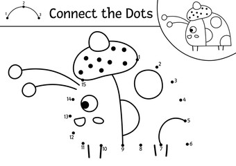 Vector dot-to-dot and color activity with cute ladybird. Forest connect the dots game for children with funny insect in hat. Woodland coloring page for kids. Autumn holiday printable worksheet.