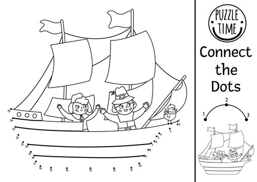 Vector Dot-to-dot And Color Activity With Mayflower Ship And Pilgrims. Thanksgiving Historical Connect The Dots Game Or Coloring Page For Kids. Autumn Holiday Printable Worksheet. Fall Quiz.