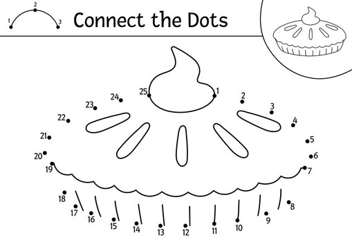 Vector dot-to-dot and color activity with pumpkin pie. Thanksgiving connect the dots game for children with traditional food. Coloring page for kids. Autumn holiday printable worksheet.