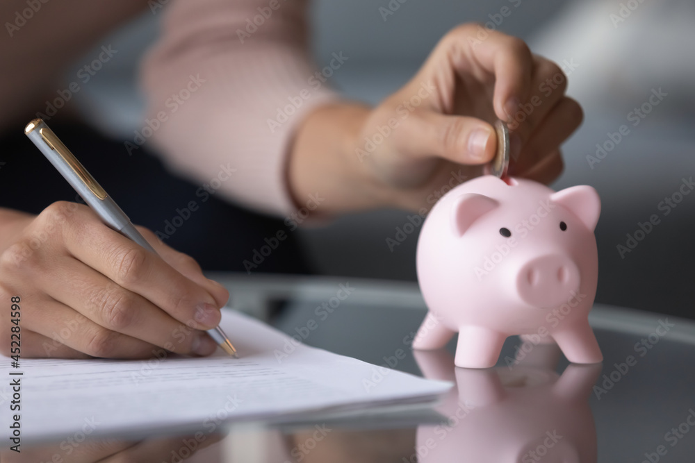 Wall mural Concept of financial literacy, reasonable decisions, business investment, planning. Close up female hand puts coins into piggy bank writes down incomes and expenses to analyze own financial liquidity