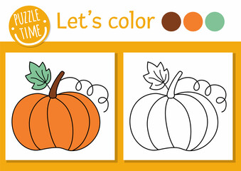 Garden coloring page for children with pumpkin. Vector autumn outline illustration with cute vegetable. Color book for kids with colored example. Drawing skills printable worksheet.