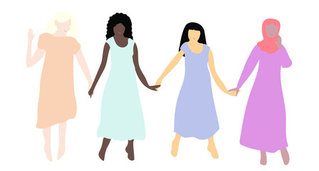 Women of different nationalities hold hands. Europeans, African Americans, Asians, Arabs.