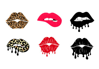 Kissing and biting lips with leopard print collection. Melting lipstick. Isolated vector illustration. Trendy sticker