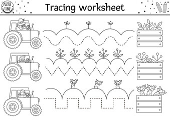 Vector Thanksgiving handwriting practice worksheet. Autumn printable black and white activity for preschool kids. Fall tracing game for writing skills with cute turkey and birds on tractor, harvest. - obrazy, fototapety, plakaty