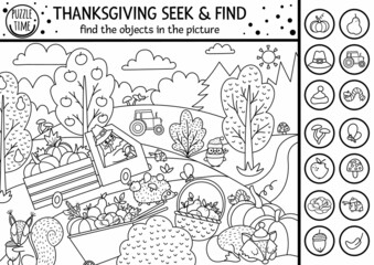 Vector black and white Thanksgiving searching game or coloring page with cute turkey in the field. Spot hidden objects. Simple seek and find s outline autumn or farm printable activity .