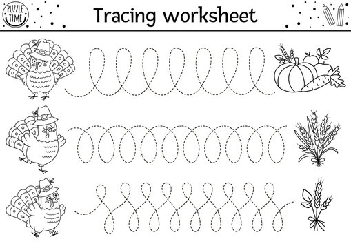 Vector Thanksgiving handwriting practice worksheet. Autumn printable black and white activity for pre-school children. Fall tracing game for writing skills with cute turkeys and harvest.