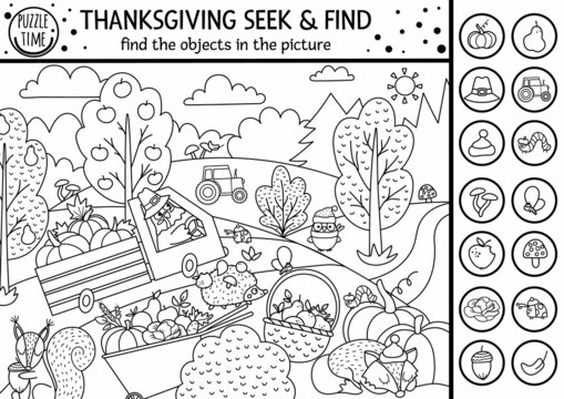 Vector black and white Thanksgiving searching game or coloring page with cute turkey in the field. Spot hidden objects. Simple seek and find s outline autumn or farm printable activity .