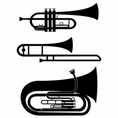 Set of musical wind instruments trumpet trombone tuba, Black stencil isolated vector illustration