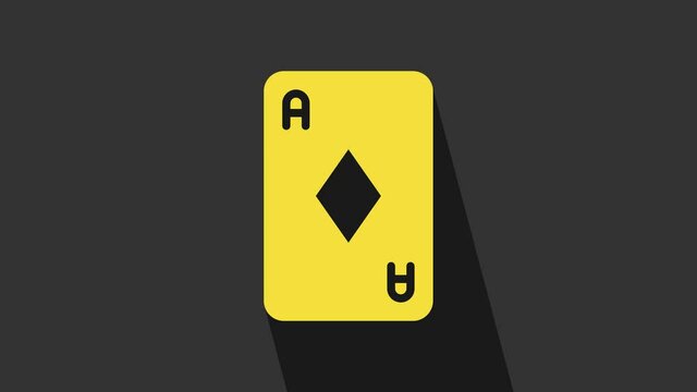 Yellow Playing card with diamonds symbol icon isolated on grey background. Casino gambling. 4K Video motion graphic animation