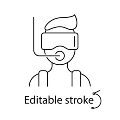 Diver with mask and snorkel outline icon. Maldives attraction. Editable stroke. Isolated vector illustration