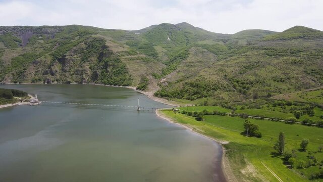 Aerial view of Lisitsite Bridge over Studen Kladenets Reservoir, Kardzhali Region, Bulgaria
