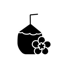 Coconut cocktail with straw and flower glyph icon. Coconut milk. Maldives drink. Isolated vector illustration