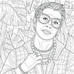 Woman with short hair and jewelry.Coloring book antistress for children and adults. Illustration isolated on white background.Zen-tangle style.