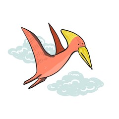 Cute sketch hand drawn color pteranodon illustration. Bright cartoon childish funny dinosaur for kids print design, textile decoration, greeting cards, dino stickers, logo © Tatahnka