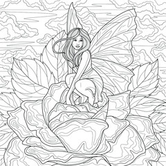 Fairy in a rose.Coloring book antistress for children and adults. Illustration isolated on white background.Zen-tangle style.
