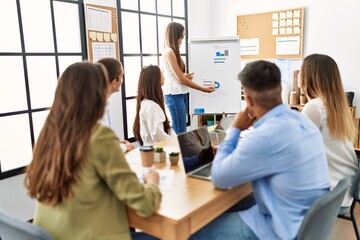 Group of business workers on chart board presentation at the office.