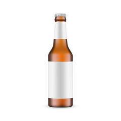 Brown Glass Beer Bottle Mockup with Blank Label, Front View, Isolated on White Background. Vector Illustration