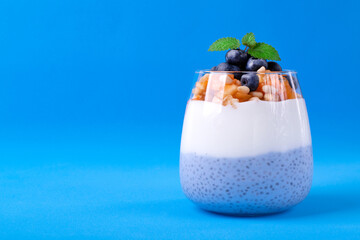 Chia pudding with blue matcha, yogurt, fruits and pine nuts. Healthy layered dessert on blue...