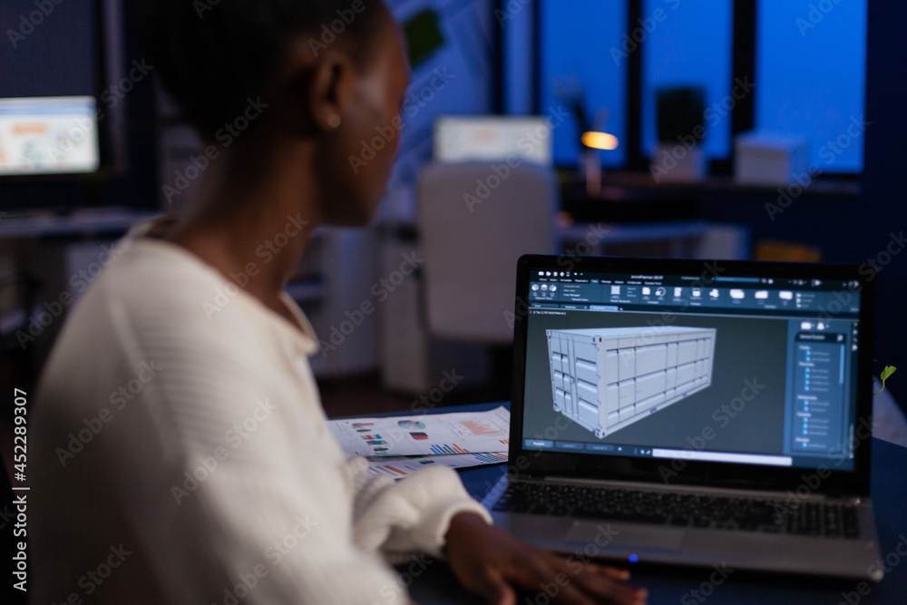 Poster african american design arhitect working in 3d software developing prototype container idea working 