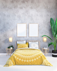 Bedroom interior mockup, frame mockup, yellow bedroom interior, 3d bedroom rendering, bedroom inspirations, Bedroom with plants and decor