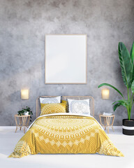 Bedroom interior mockup, frame mockup, yellow bedroom interior, 3d bedroom rendering, bedroom inspirations, Bedroom with plants and decor
