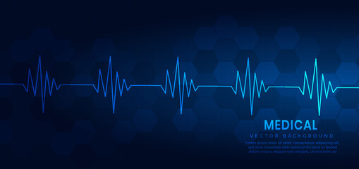Abstract blue Heart pulse monitor on hexagon pattern background. Medical concept.