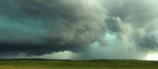 A gray cloud passes over the field. Wide panoramic view. Artistic work