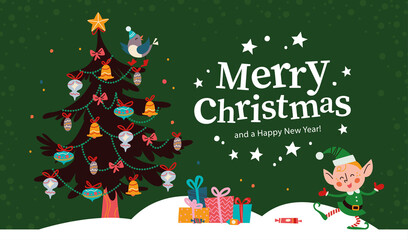 Christmas banner with cute happy winter Santa elf character, decorated fir tree, pile of gifts and text Merry Christmas greeting. Vector flat illustration. For cards, packaging, web, invitation.