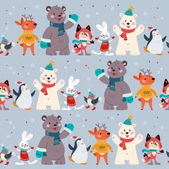 Deurstickers Robot Seamless pattern with funny polar bear, penguin, fox, deer and rabbit animal characters in hats, scarfs, sweaters. For Christmas cards, invitations, packaging paper. Vector flat cartoon illustration.