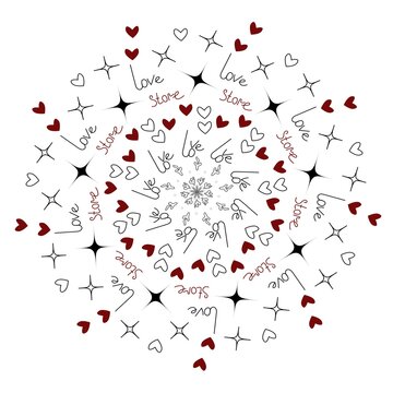 minimalistic vector illustration of a circular ornament with hearts and tex of love. A love story