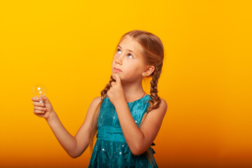 Close up photo of excited energetic promoter girl pointing with index finger at featured...