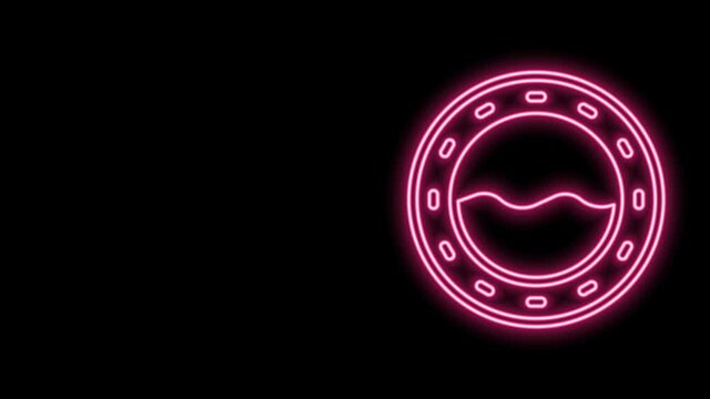 Glowing neon line Ship porthole with rivets and seascape outside icon isolated on black background. 4K Video motion graphic animation