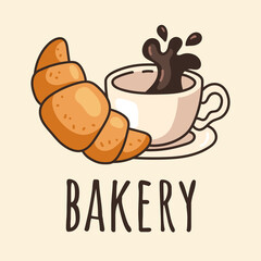 Morning breakfast dessert cup of coffee and croissant isolated logo sticker design element
