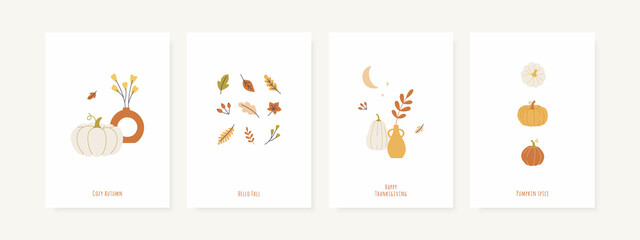Set of fall season greeting cards and poster templates. Autumn minimal wall art. Vector designs with Pumpkins, leaves, foliage, vases and abstract shapes. - 452295324