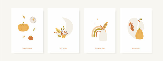 Set of fall season greeting cards and poster templates. Autumn minimal wall art. Pumpkins, leaves, foliage, vases and abstract shapes. Vector postcards collection.