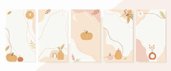 Abstract autumn season designs. Set of vertical templates in trendy collage style with leaves and pumpkins. Vector design for social media, app, brochures, flyers, etc. - 452295351